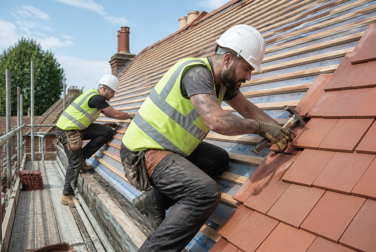Alpha Roofcare roofers hand-nailing clay tiles on a residential re-roof