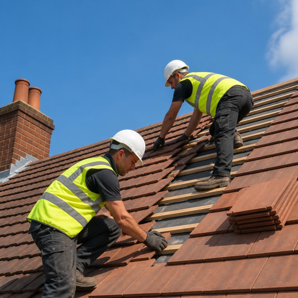 Alpha Roofcare roofers installing clay tiles on a residential pitched roof